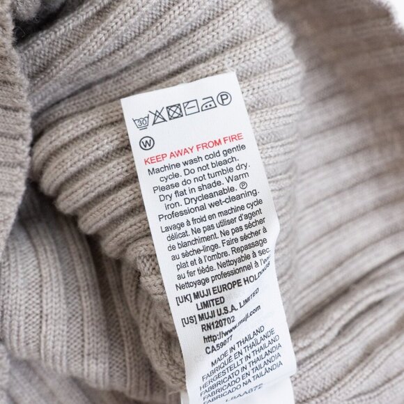 MUJI Neutral Washable Wool Turtleneck Ribbed Knit Sweater Beige Small - Picture 10 of 10